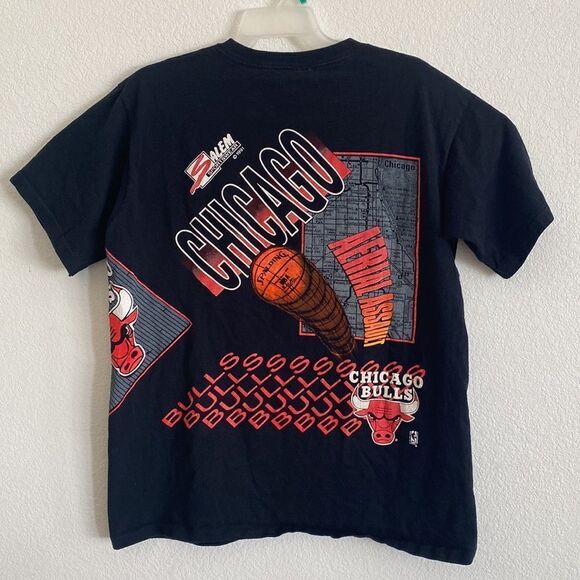 SALEM VINTAGE Chicago Bulls All Over Print Black T Shirt Size L - Picture 3 of 7
